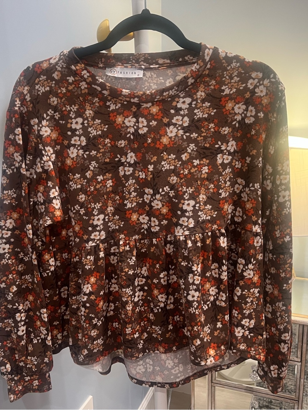 Floral Peplum Long-Sleeve Top - Brown